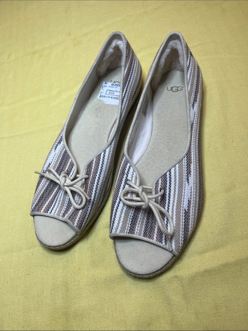 UGG Striped Beige & Brown Peep-Toe Slip-On Flats